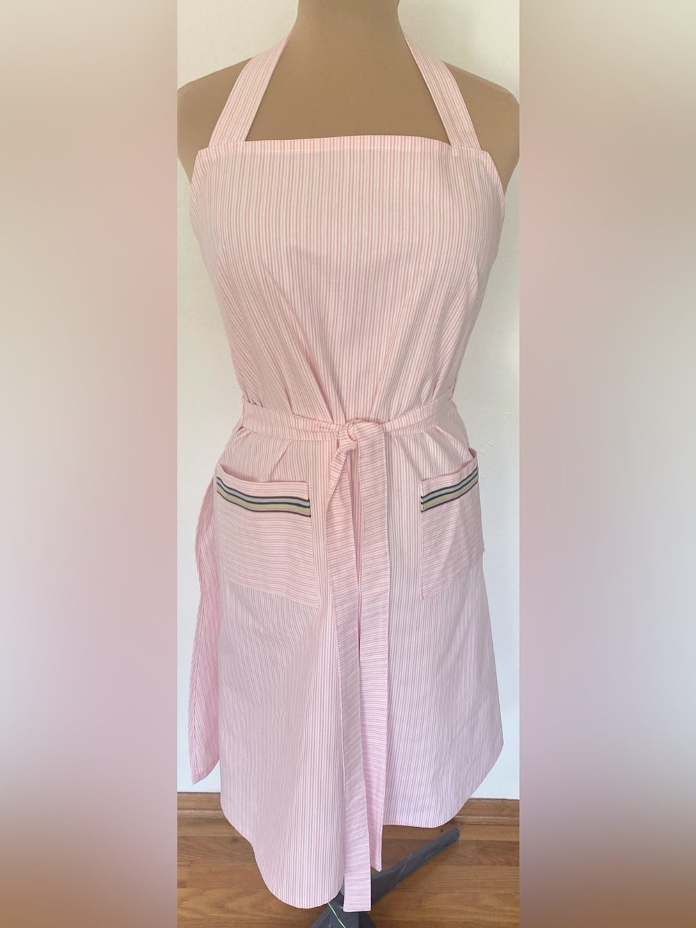 Vintage 70s-Inspired Boho Apron Dress Set *X-Large* Pink Stripe Halter Wrap - Picture 2 of 9